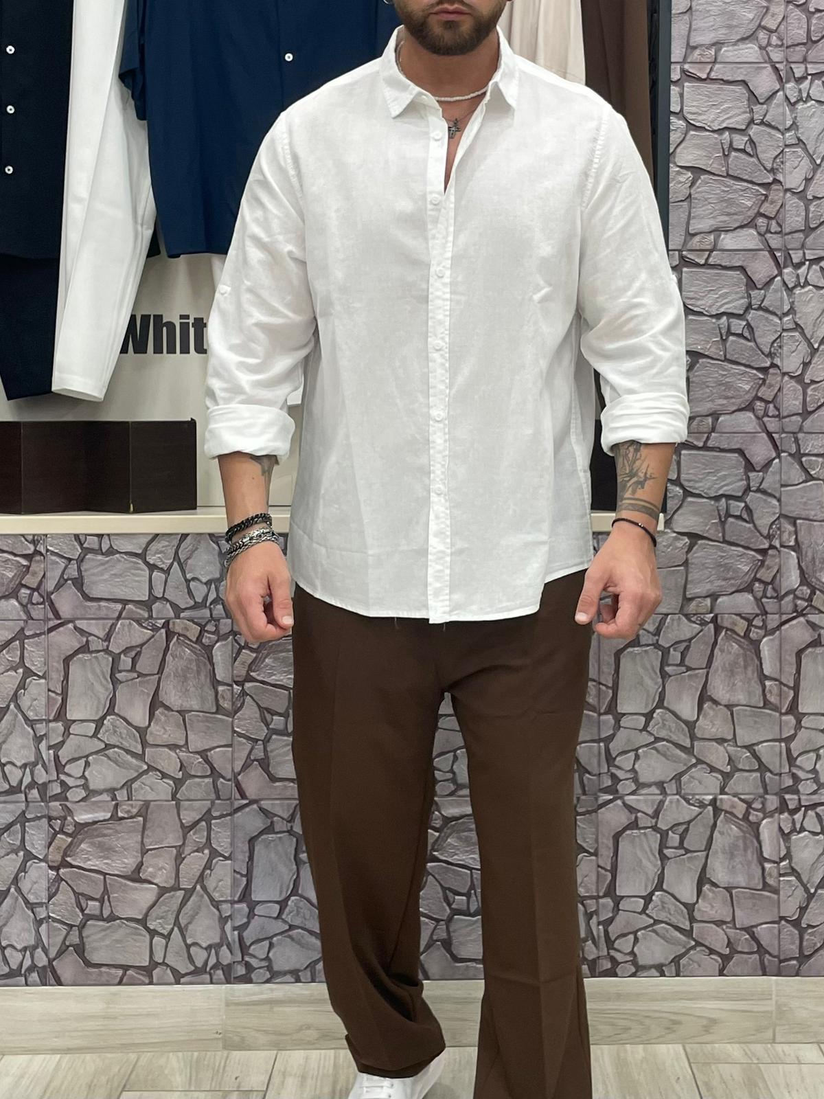 Camicia 100% Lino collo francese colore Bianco