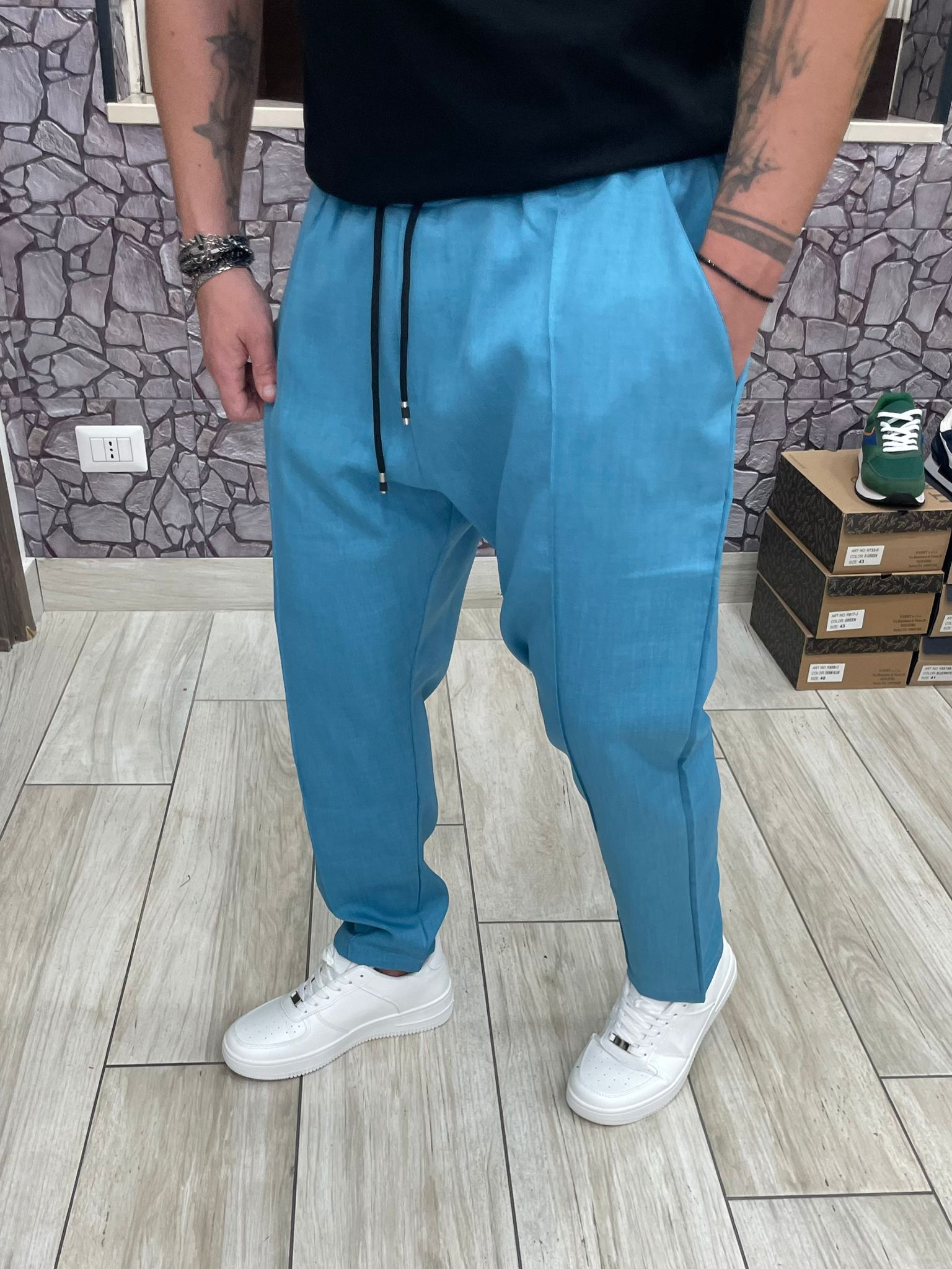 Pantalone con laccio elastico in vita colore Turchese