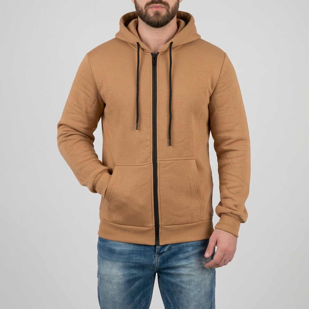 Felpa Basic con zip e cappuccio colore tabacco