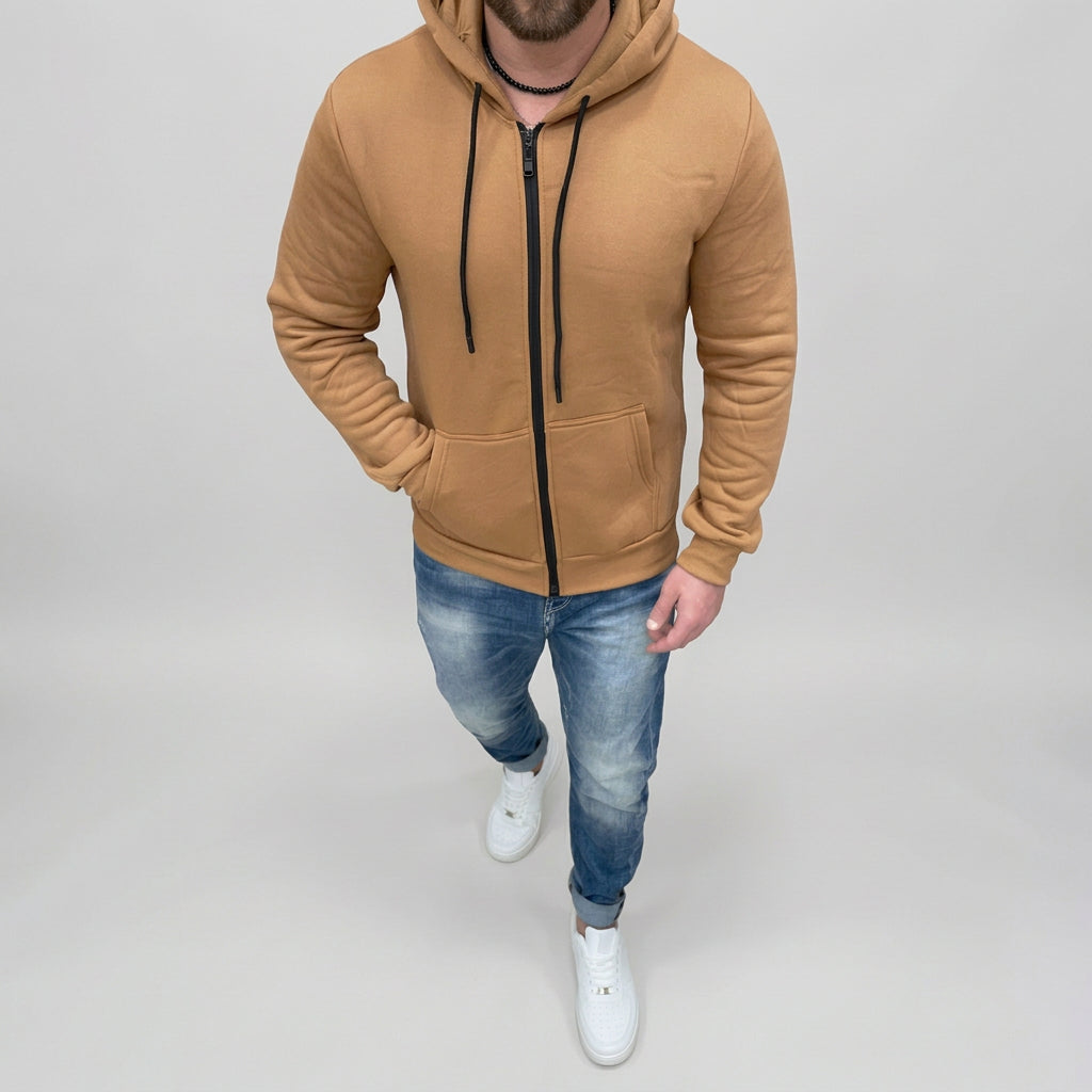 Felpa Basic con zip e cappuccio colore tabacco