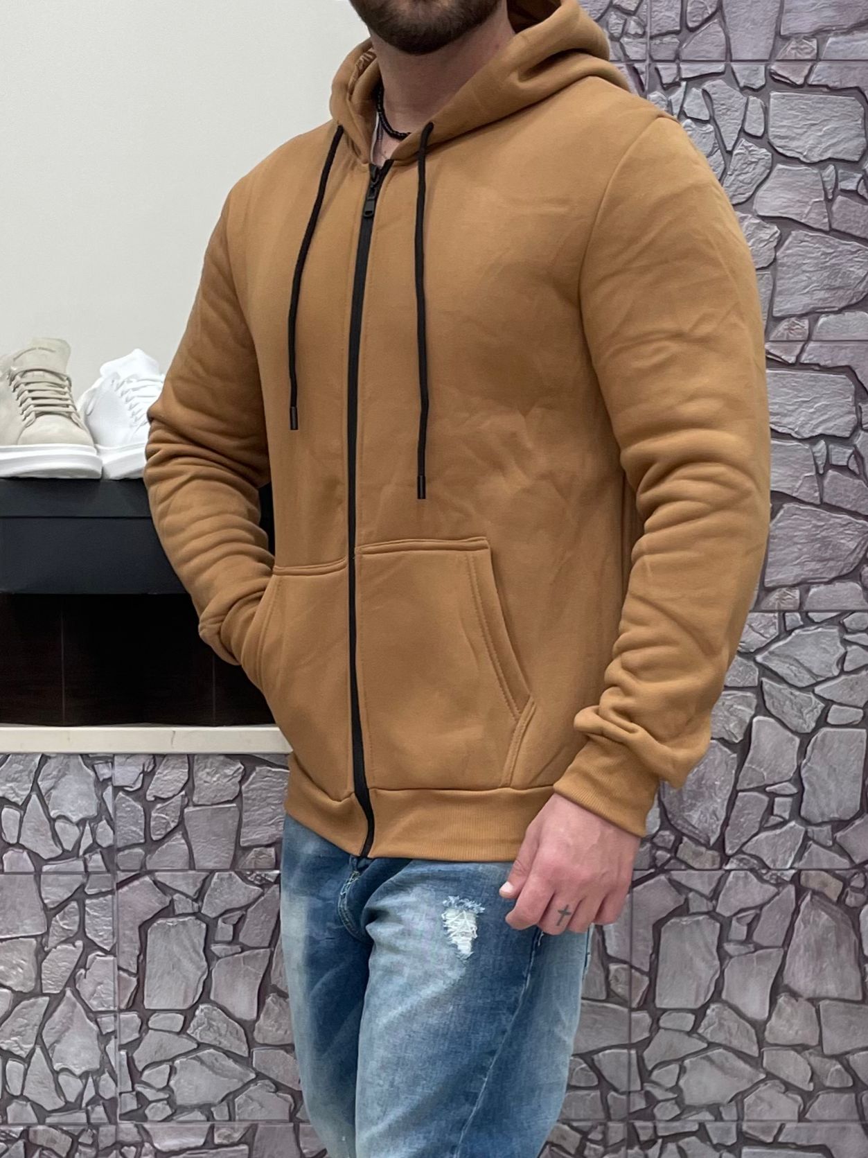 Felpa policotone con zip colore Camel