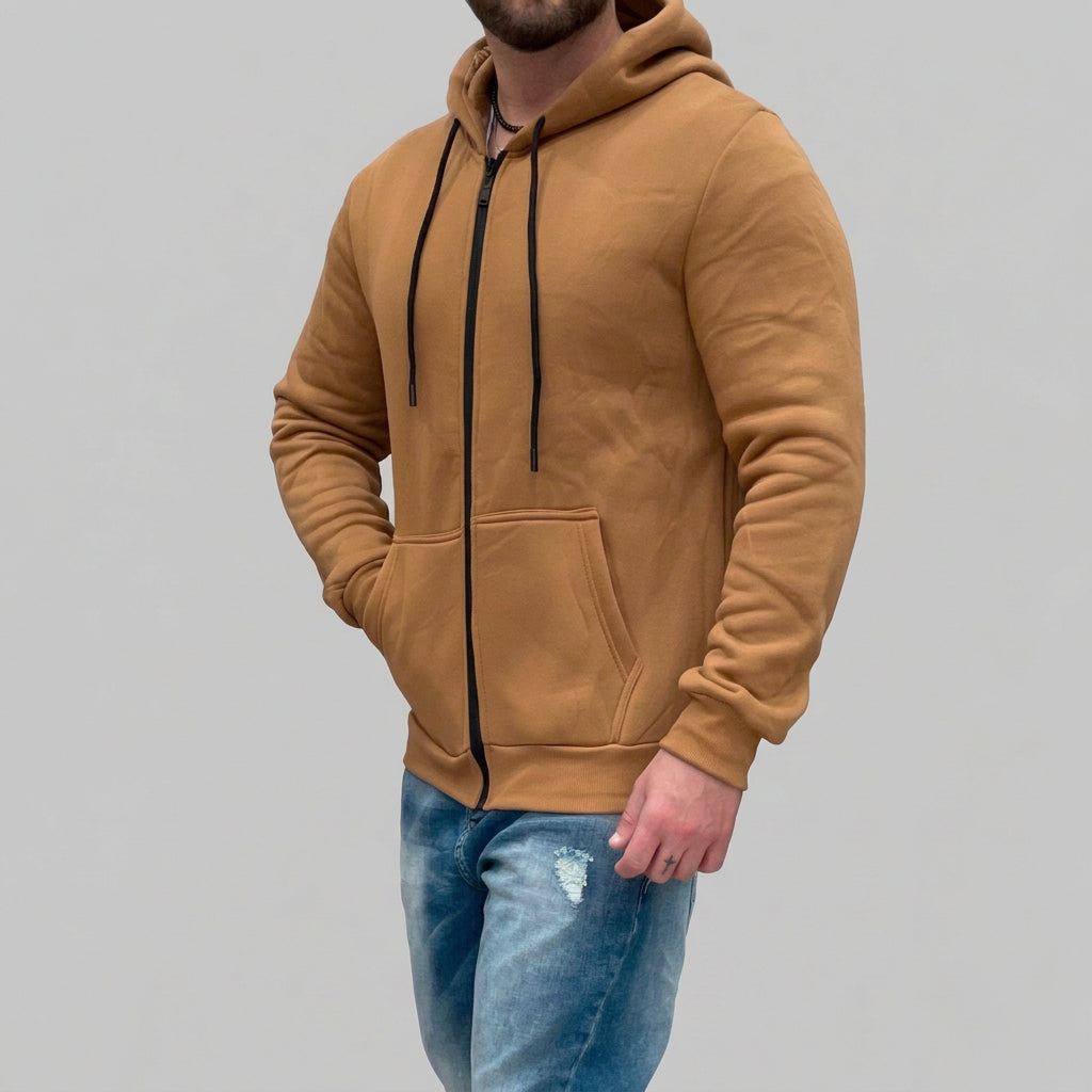 Felpa Basic con zip e cappuccio colore tabacco
