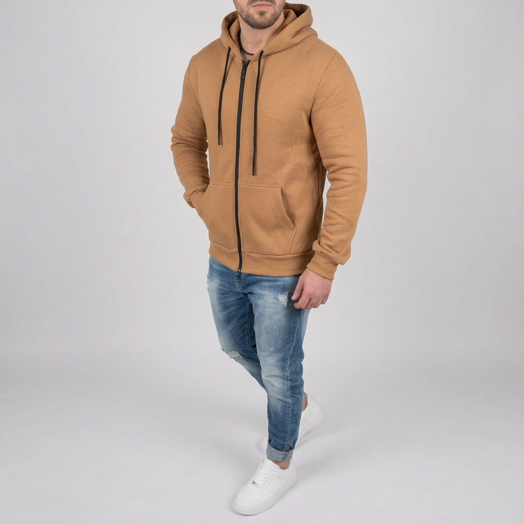 Felpa Basic con zip e cappuccio colore tabacco