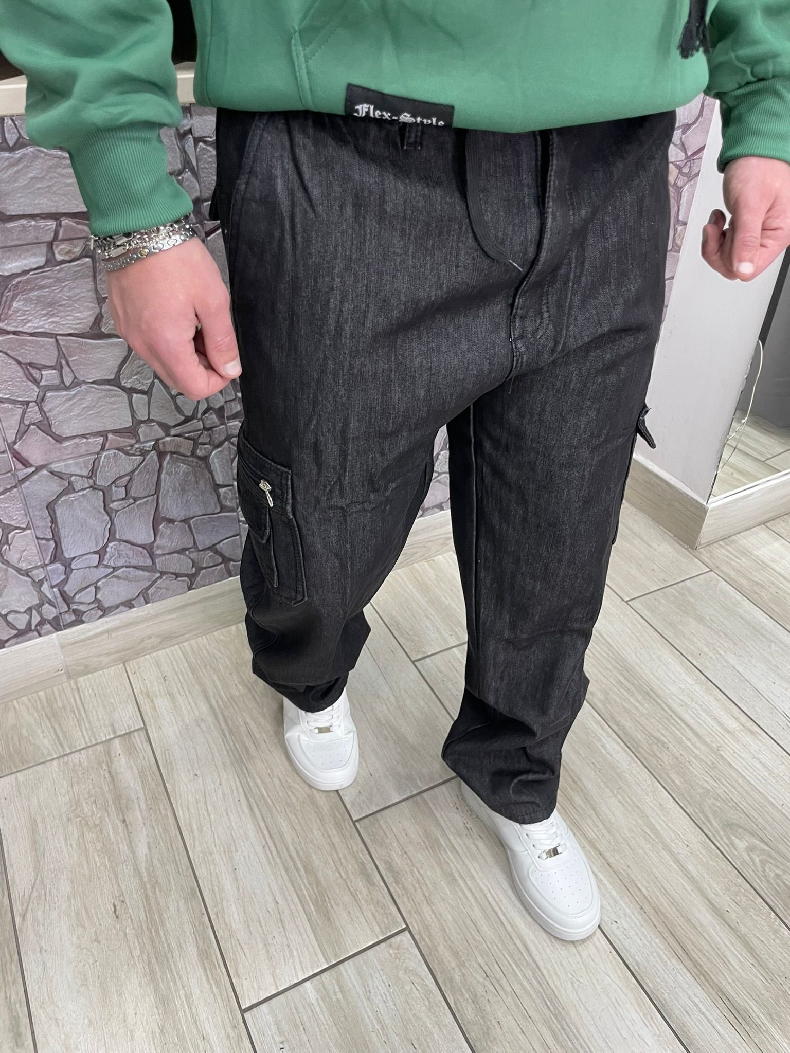 Cargo in denim con elastico e tasconi