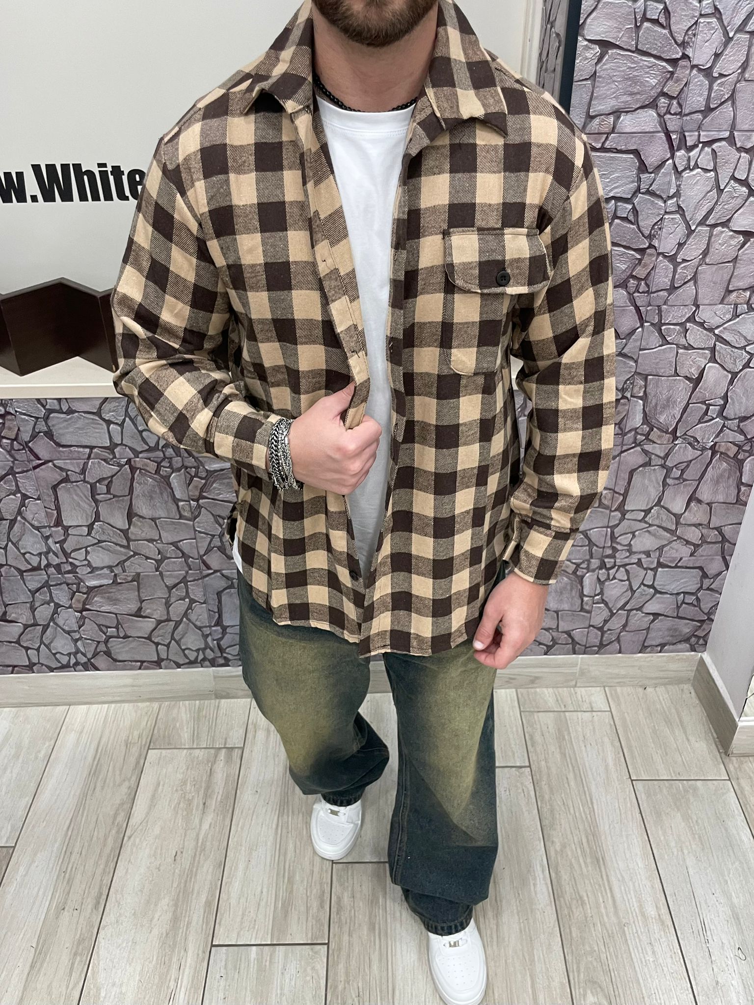 Camicia caldo cotone fantasia quadri beige/marrone