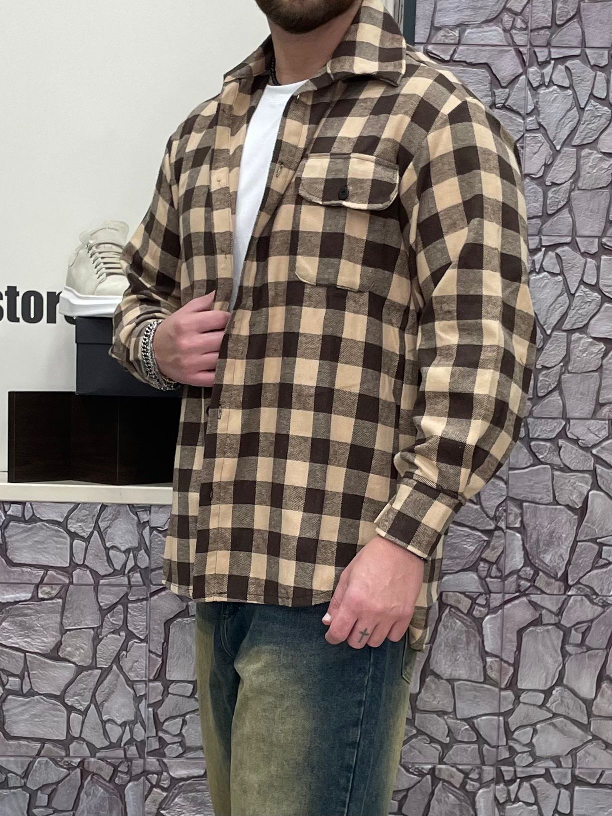 Camicia caldo cotone fantasia quadri beige/marrone