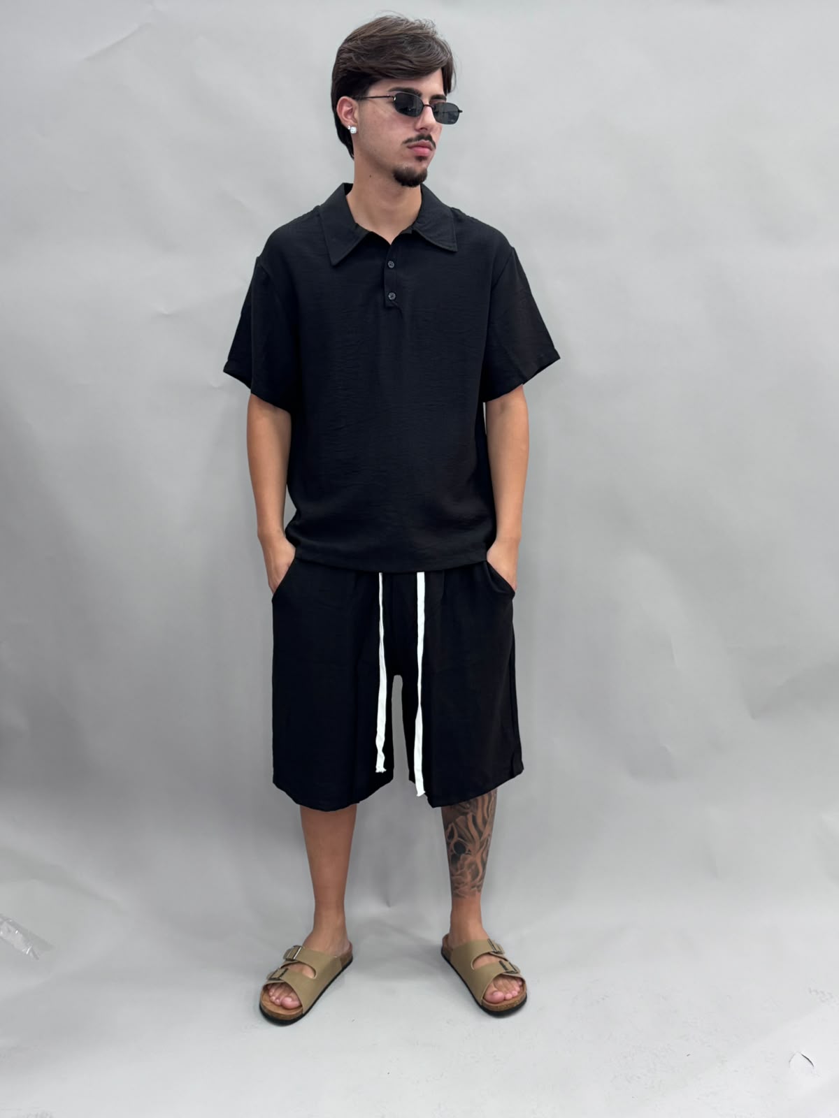 CORDSET IN LINO POLO E PANTALONCINO NERO