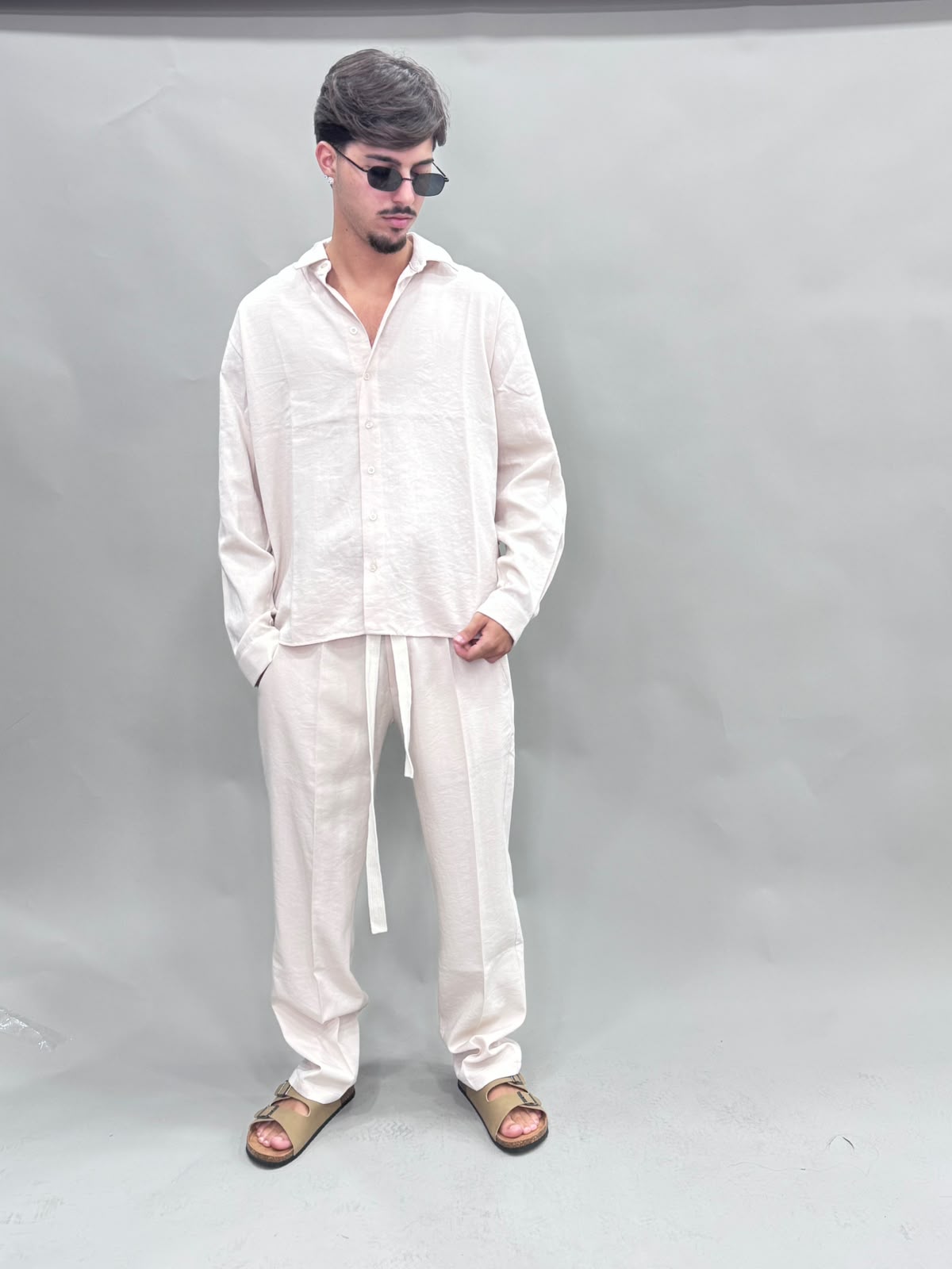 COORDINATO MANICA LUNGA  IN LINO BEIGE