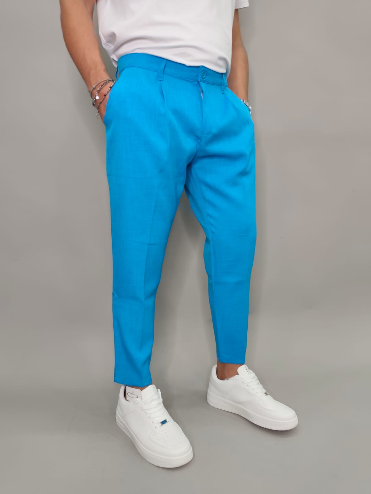 PANTALONE EFFETTO LINO COLORE AZZURRONE