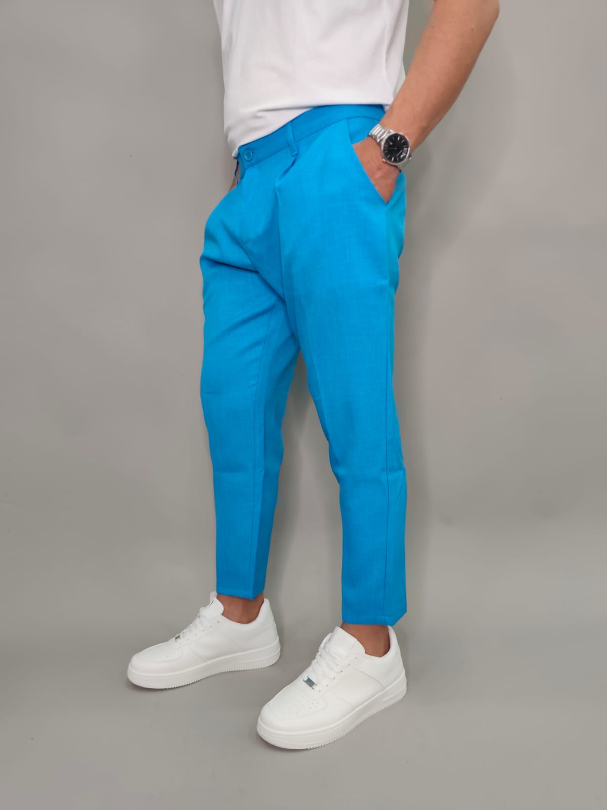 PANTALONE EFFETTO LINO COLORE AZZURRONE