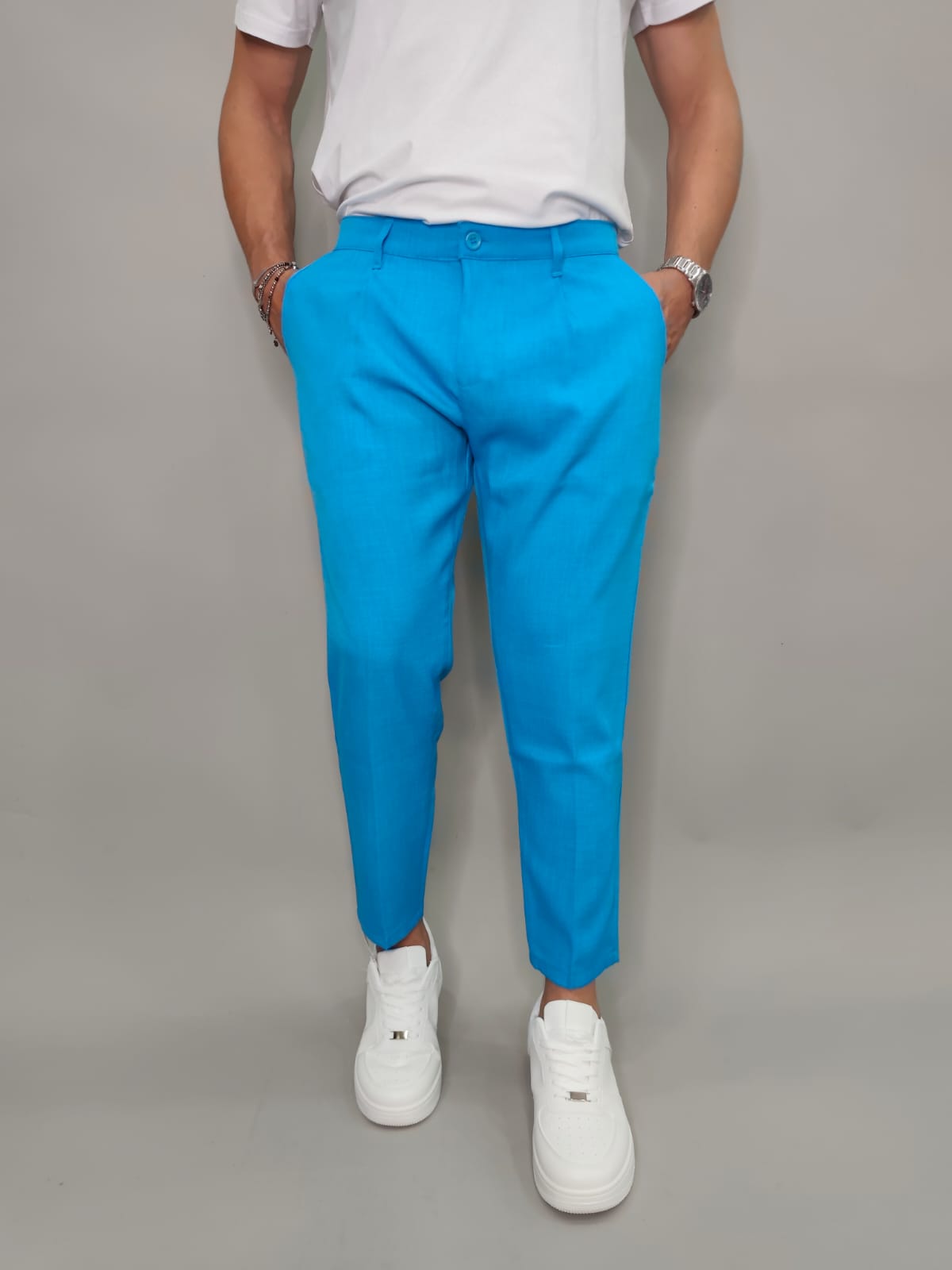 PANTALONE EFFETTO LINO COLORE AZZURRONE