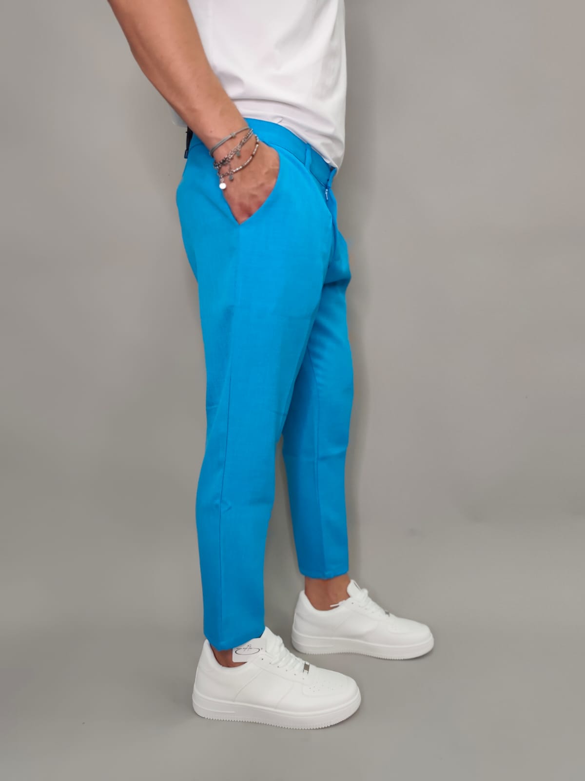 PANTALONE EFFETTO LINO COLORE AZZURRONE