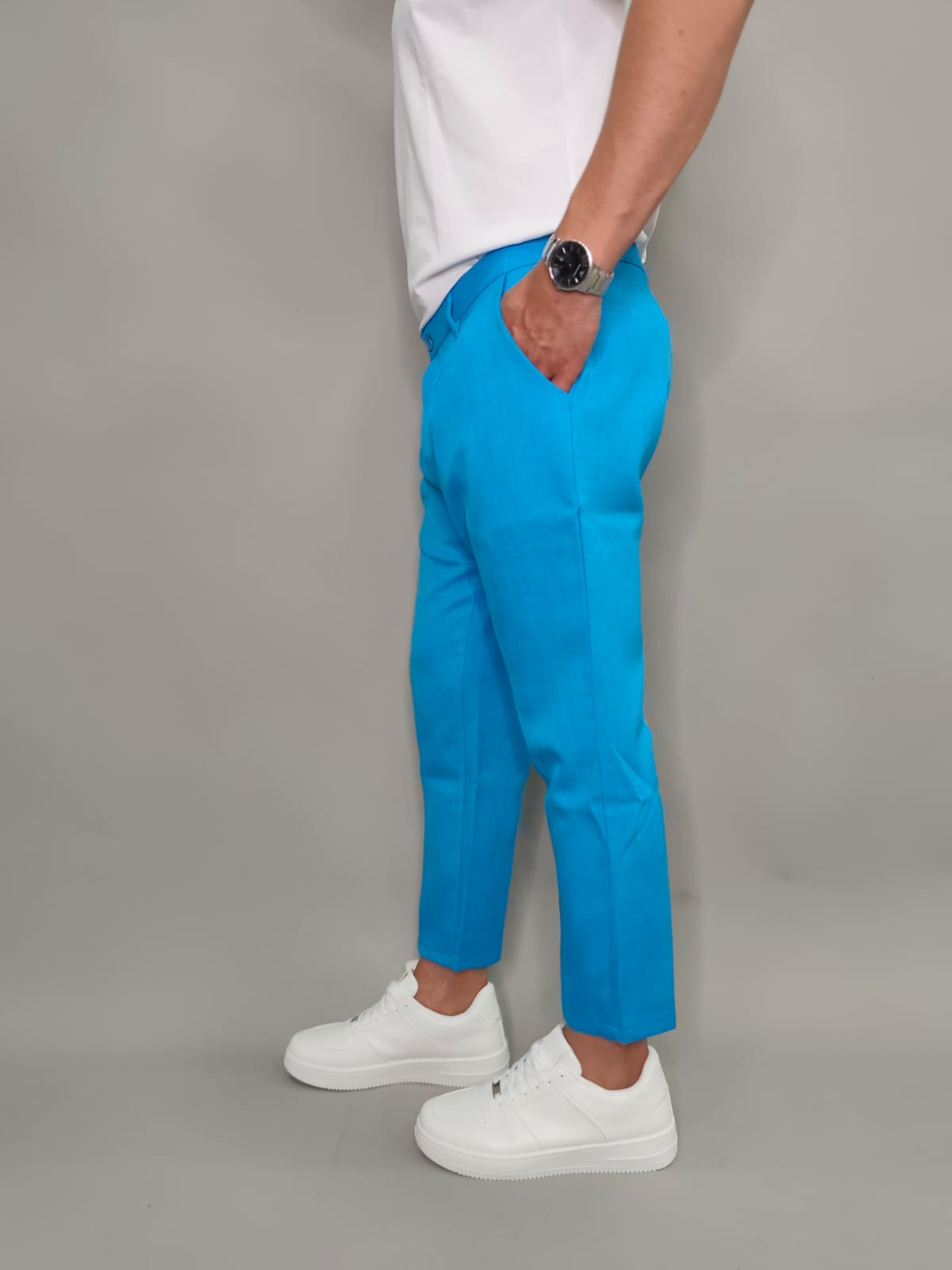 PANTALONE EFFETTO LINO COLORE AZZURRONE