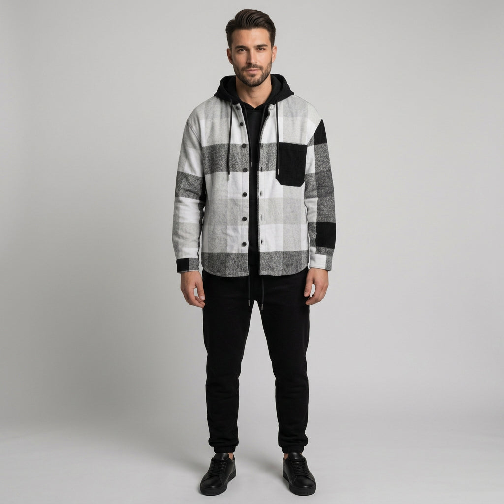 Jacket in flanella con cappuccio bianca e nera