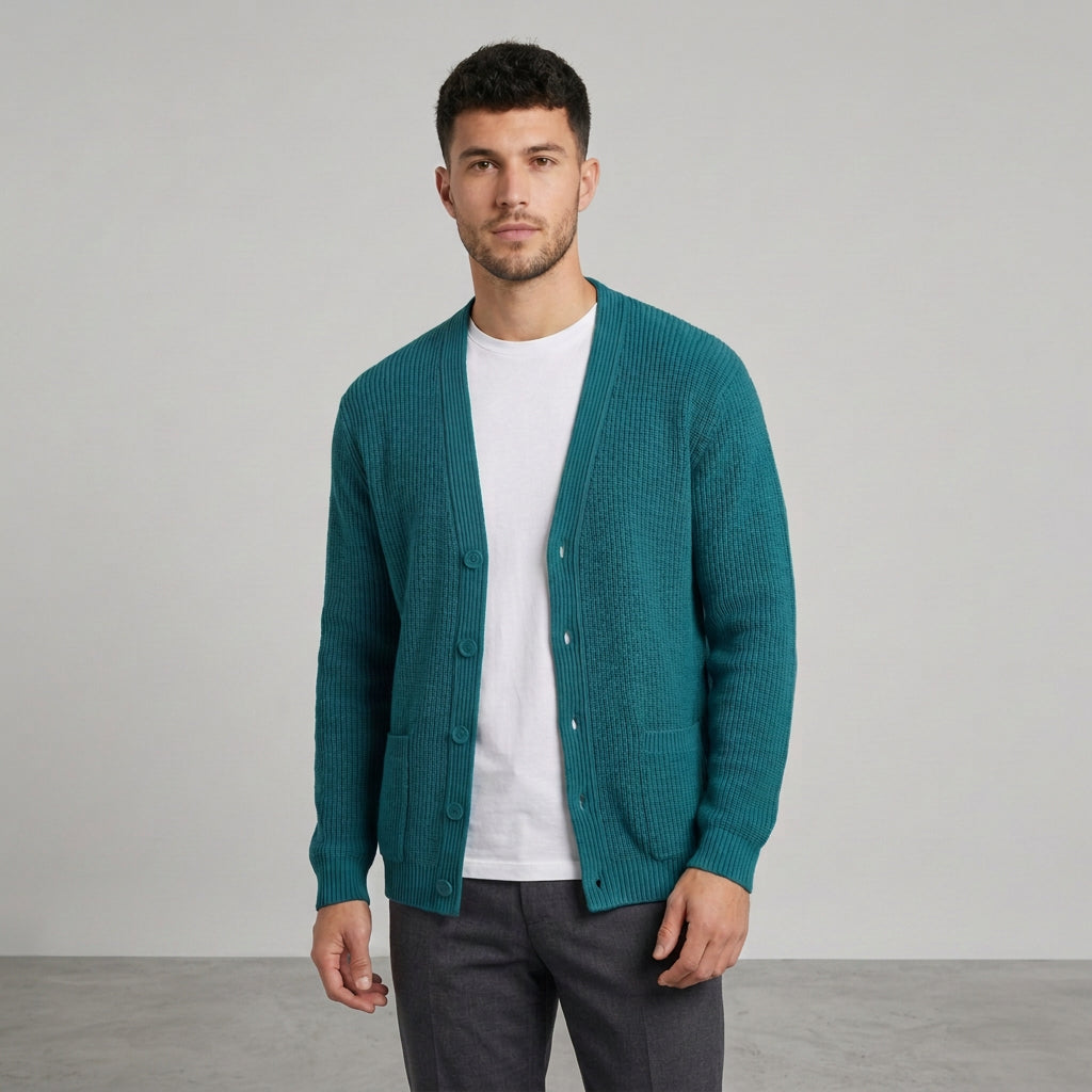 Cardigan in lana con bottoni colore turchese