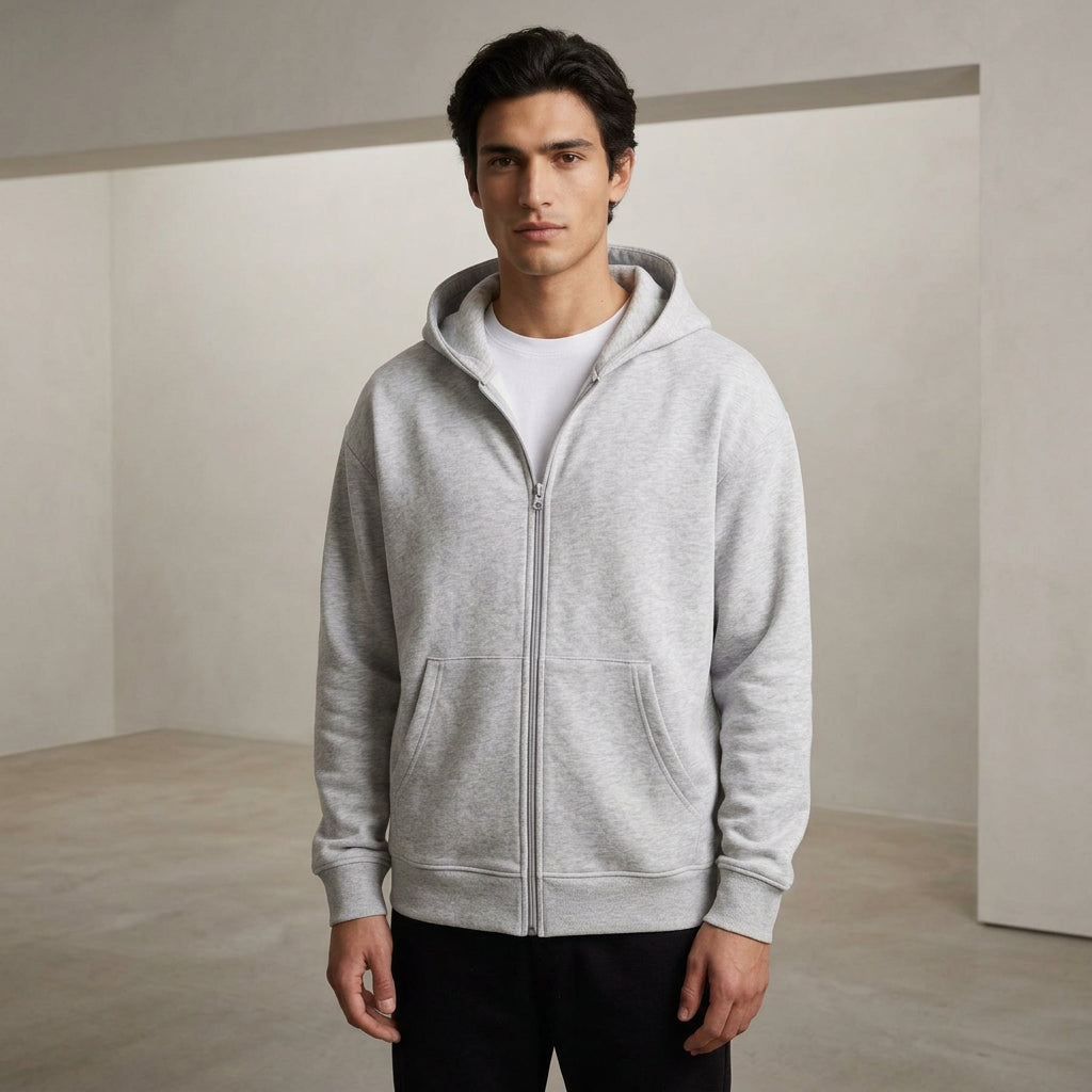 Felpa uomo basic con zip e cappuccio colore grigio chiaro