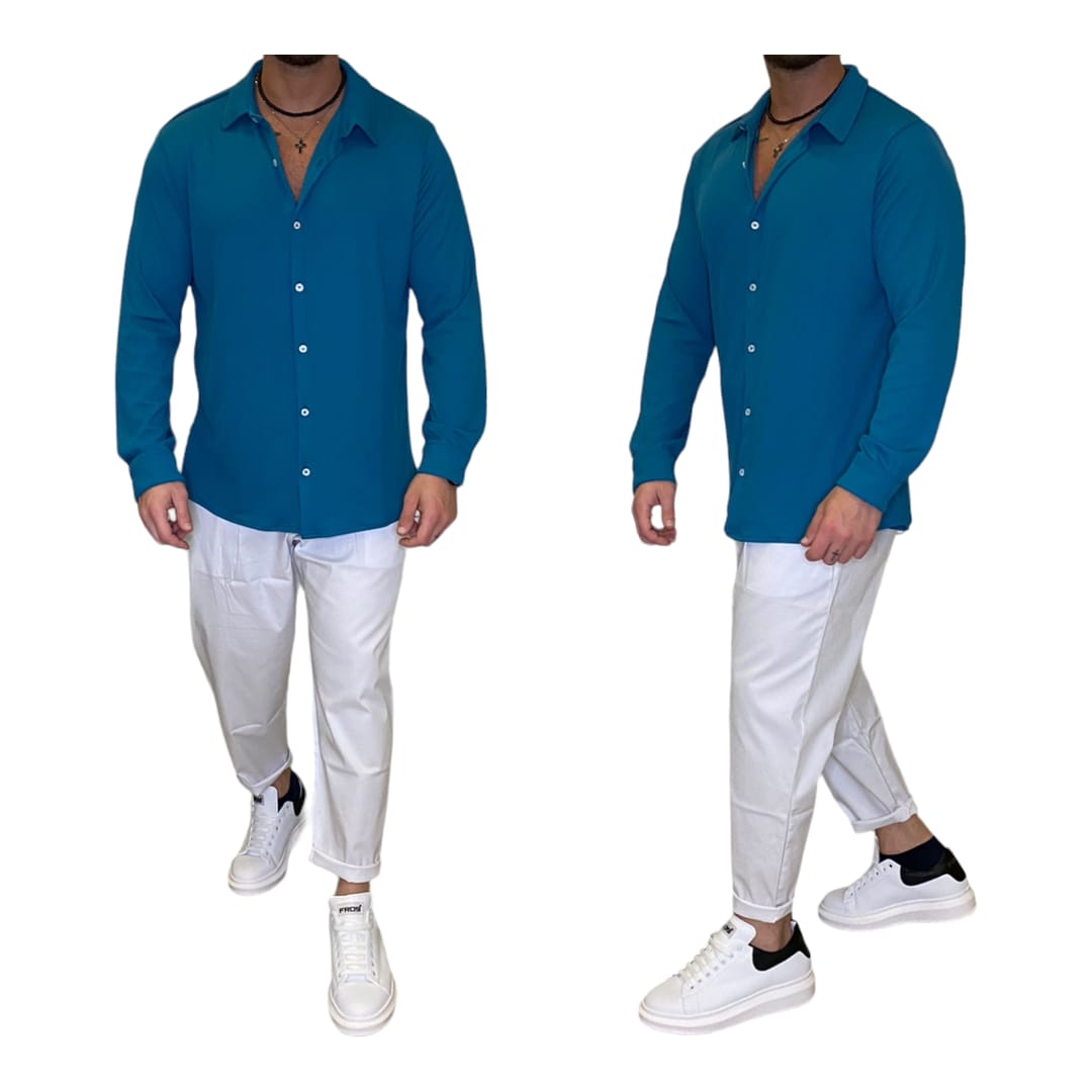 Camicia a costine colore turchese